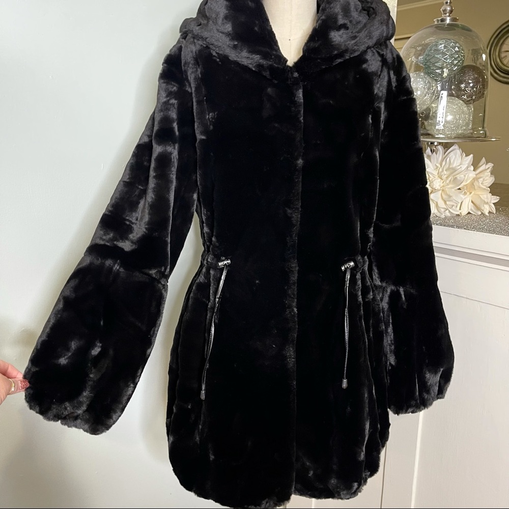 Fabulous Furs Black Hooded Sheared Faux Fur Beaver Anorak Winter Coat Size Small - Picture 8 of 16